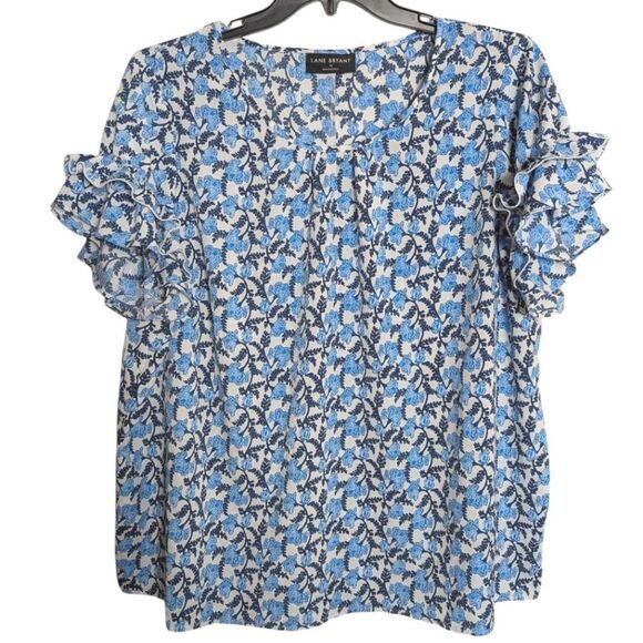 Lane Bryant Blue & White Lotus Floral Ruffle Flutter Short Sleeve Top 20W - Picture 2 of 5
